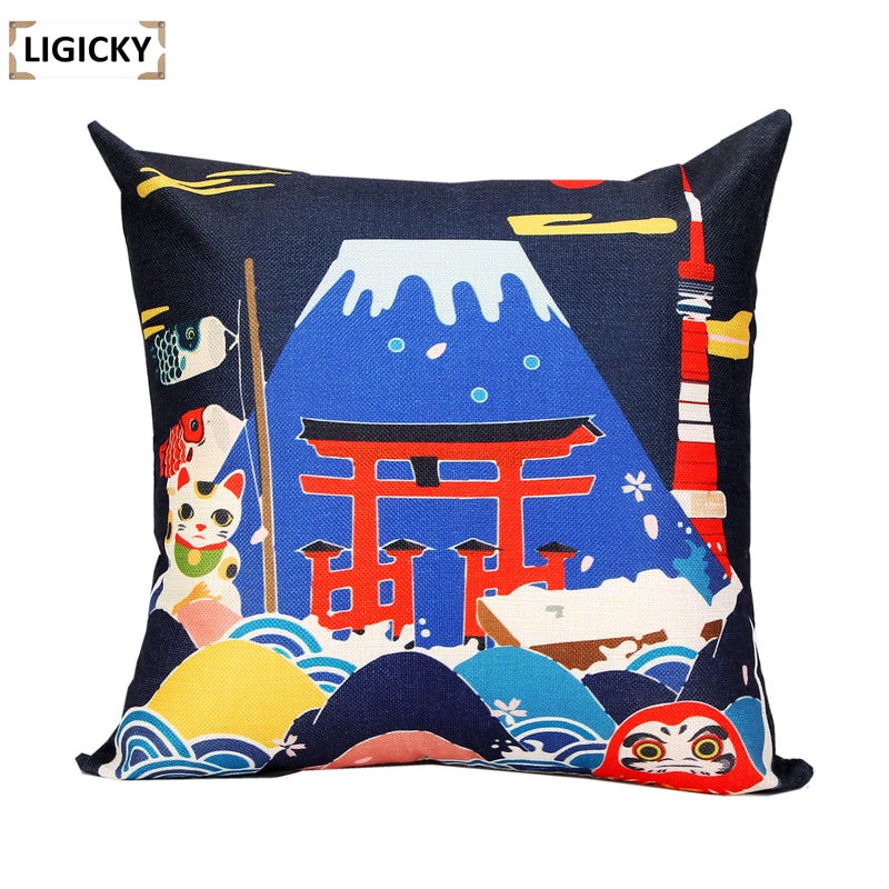 LIGICKY Set of 4 Farmhouse Japanese Style Decorative Throw Pillow Covers Fuji Mountain Print Linen Pillows for Couch Cushion Bed Outdoor Decor 18x18 Inch - Image 3